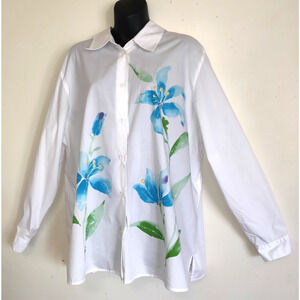 Watercolor Floral White Blouse Top Women Plus 20W Art To Wear Beaded Roll Tab